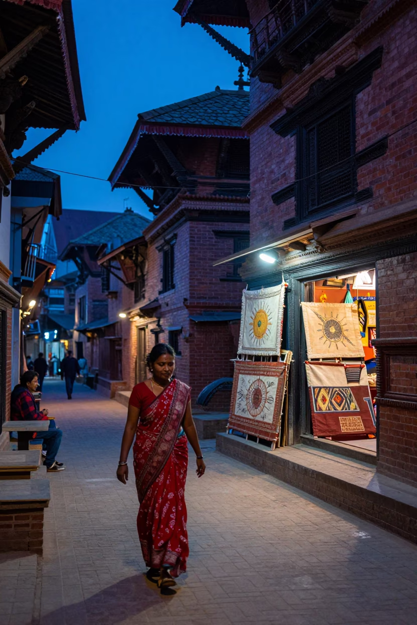 Street Scene in Kathmandu at The Last Blue Light Of Evening in in Kathmandu, Nepal