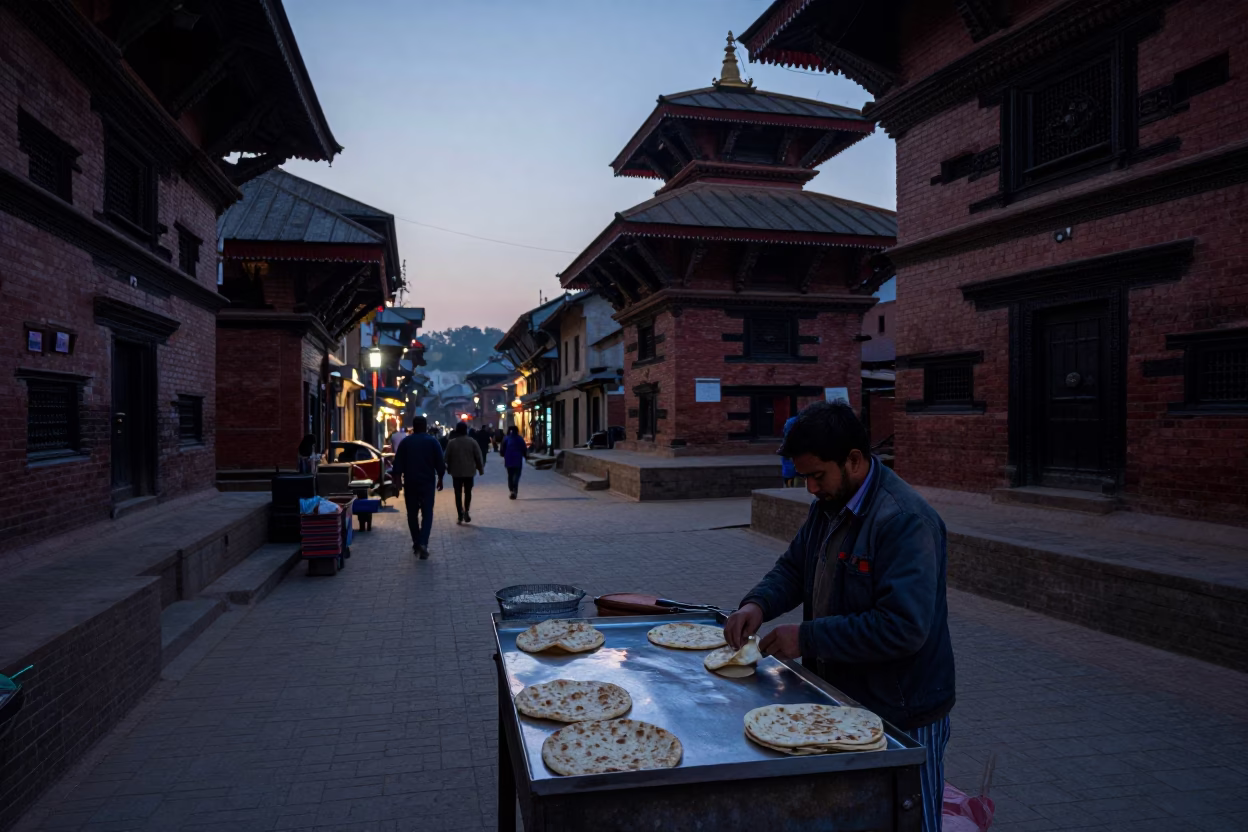 Street Scene in Kathmandu at The Still Hours Before Dawn Light in in Kathmandu, Nepal