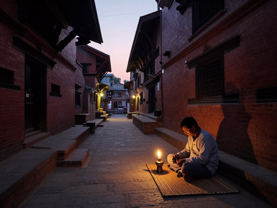 Street Scene in Kathmandu at The Still Hours Before Dawn Light in in Kathmandu, Nepal