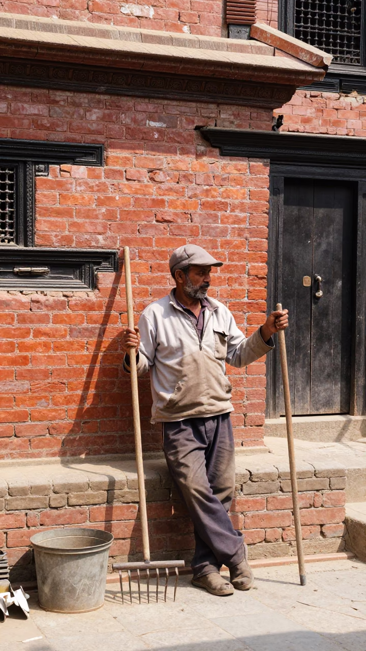 Street Scene in Kathmandu Nepal Midday with Local Gardener and Tools in in Kathmandu, Nepal