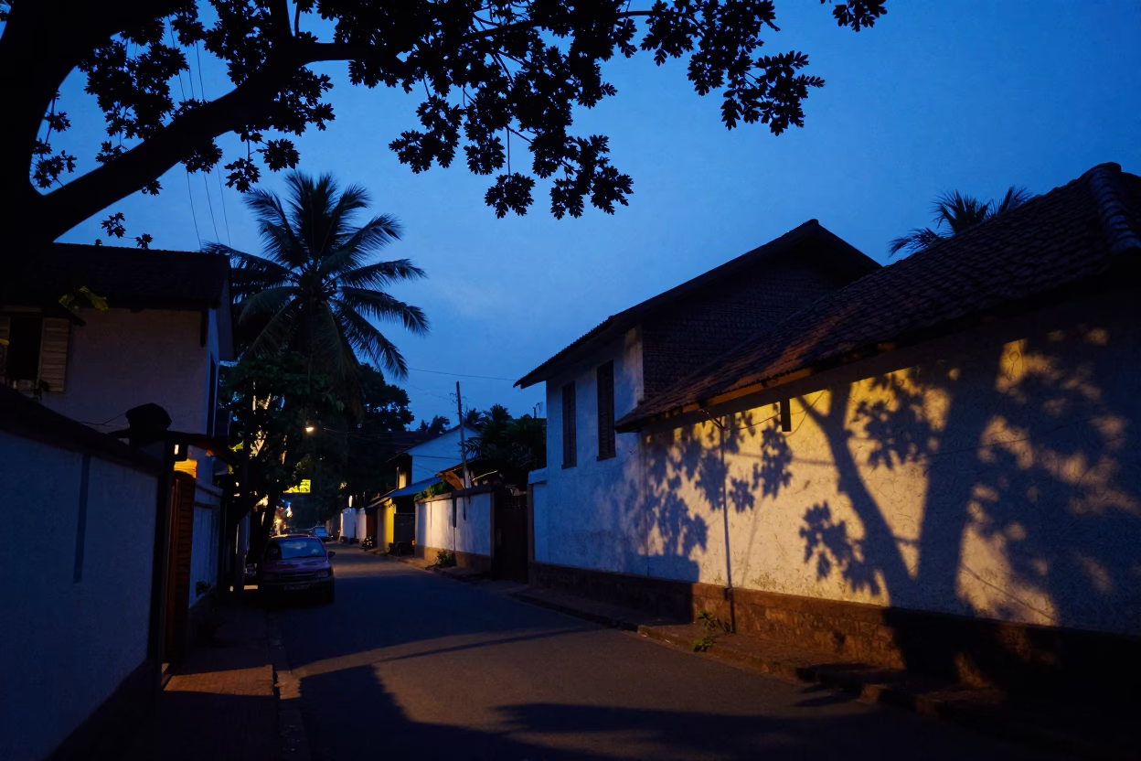 Street Scene in Kochi at Indigo Twilight After Sunset in in Kochi, India