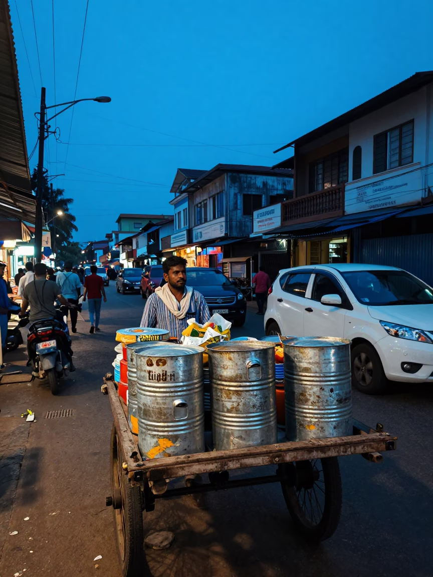 Street Scene in Kochi at The Last Blue Light Of Evening in in Kochi, India