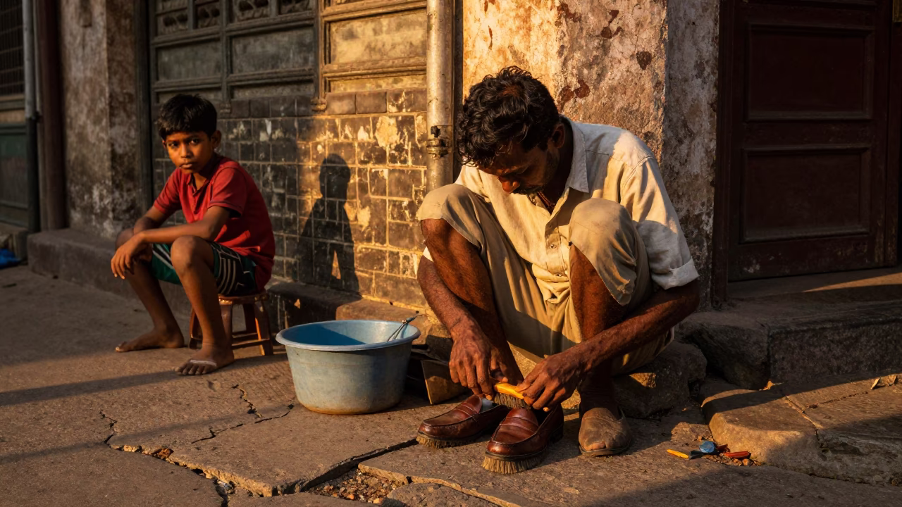 Street Scene in Kolkata at Honeyed Evening Light in in Kolkata, India