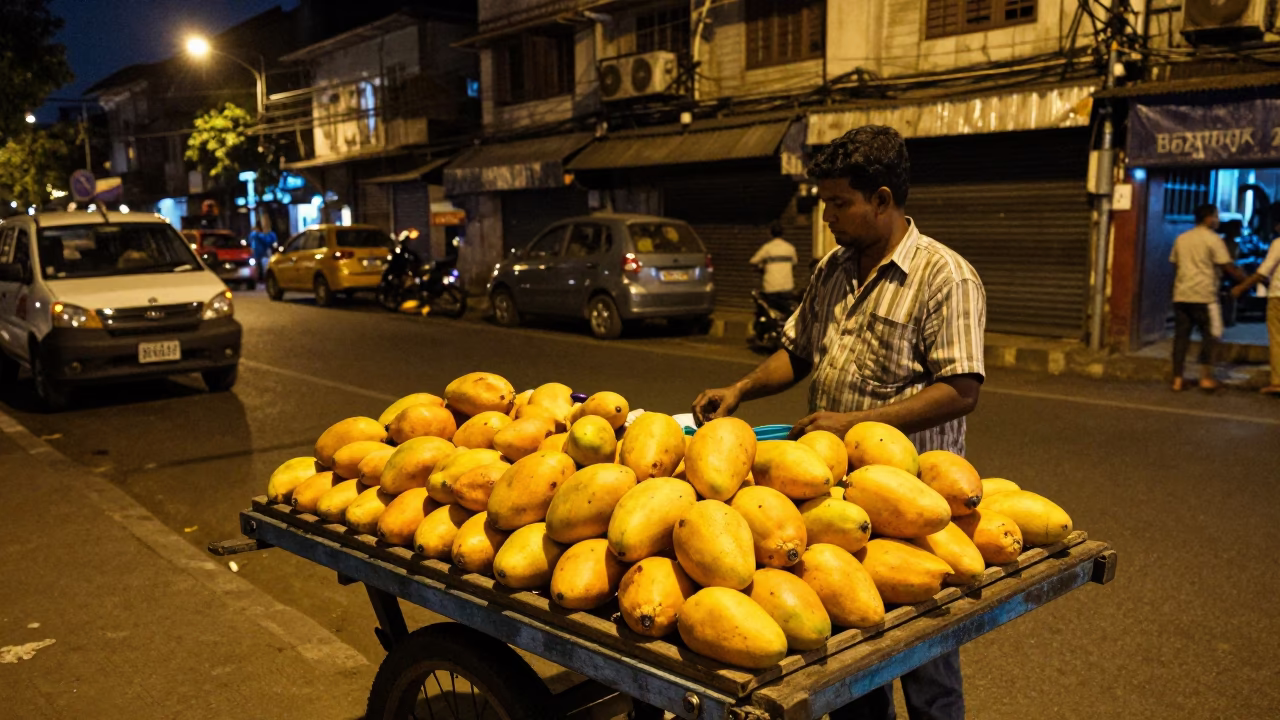 Street Scene in Kolkata at Midnight Light in in Kolkata, India