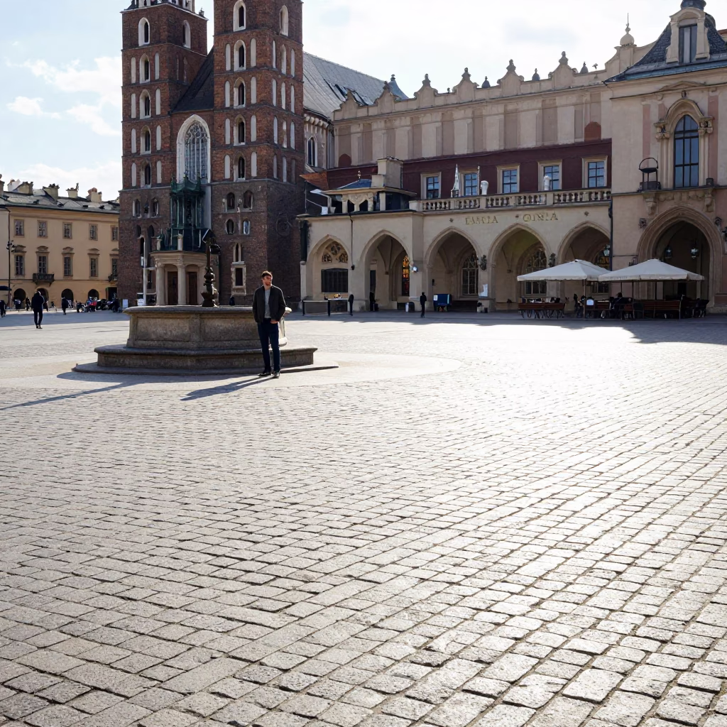 Street Scene in Krakow at Bright Midmorning Light in in Krakow, Poland