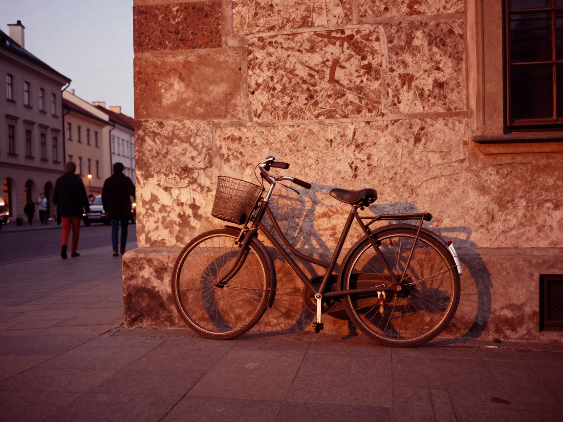 Street Scene in Krakow at Copper-toned Light Before Dusk in in Krakow, Poland