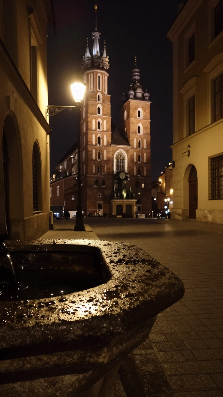 Street Scene in Krakow at Deep In The Night Light in in Krakow, Poland