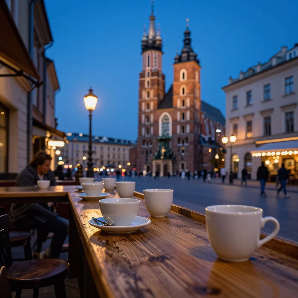 Street Scene in Krakow at Indigo Twilight After Sunset in in Krakow, Poland
