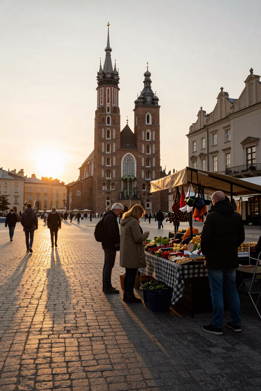 Street Scene in Krakow at Sunset Light in in Krakow, Poland