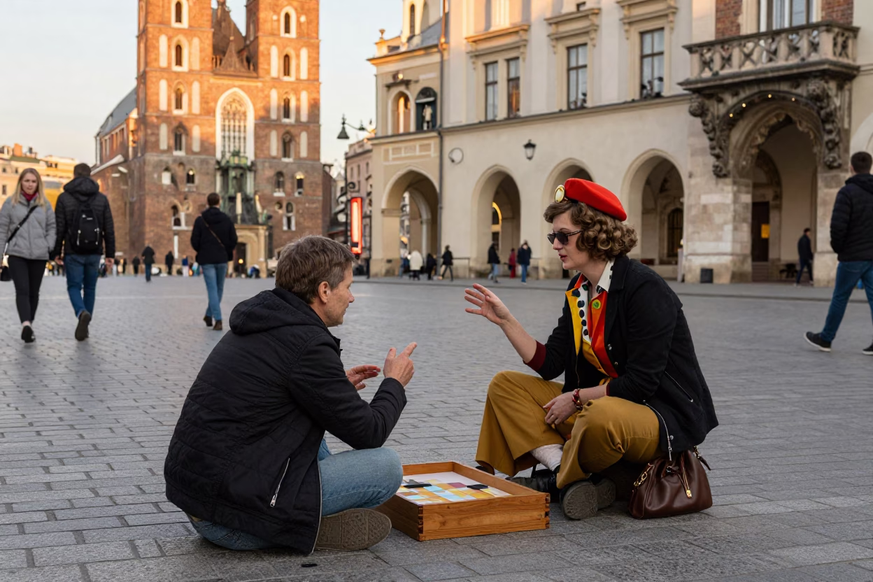 Street Scene in Krakow at The Early Afternoon Light in in Krakow, Poland