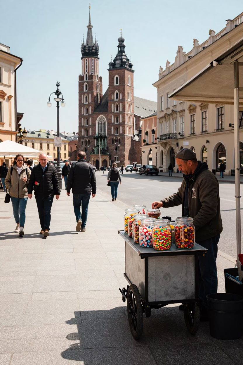 Street Scene in Krakow at The Flat Glare Of Noon Light in in Krakow, Poland