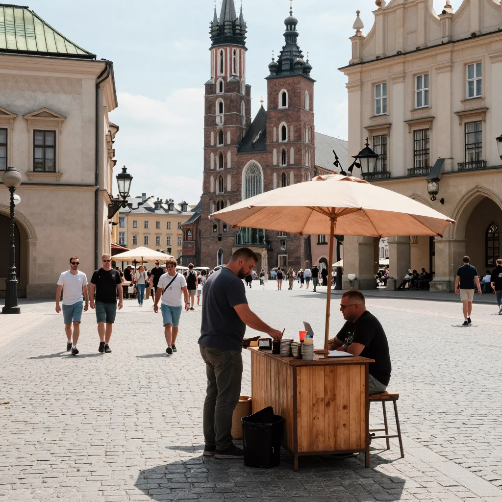 Street Scene in Krakow at The Flat Glare Of Noon Light in in Krakow, Poland