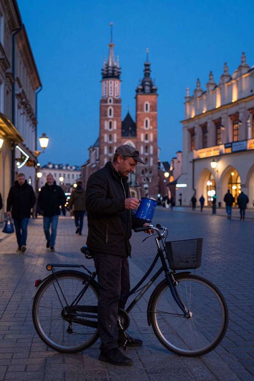 Street Scene in Krakow at The Last Blue Light Of Evening in in Krakow, Poland