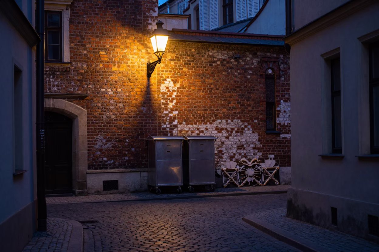Street Scene in Krakow at The Predawn Darkness Light in in Krakow, Poland