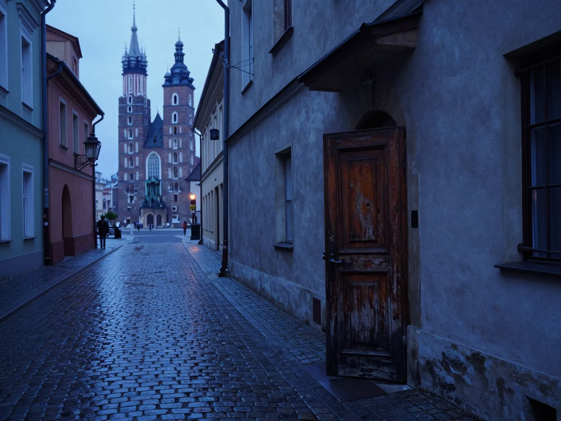 Street Scene in Krakow at The Still Hours Before Dawn Light in in Krakow, Poland