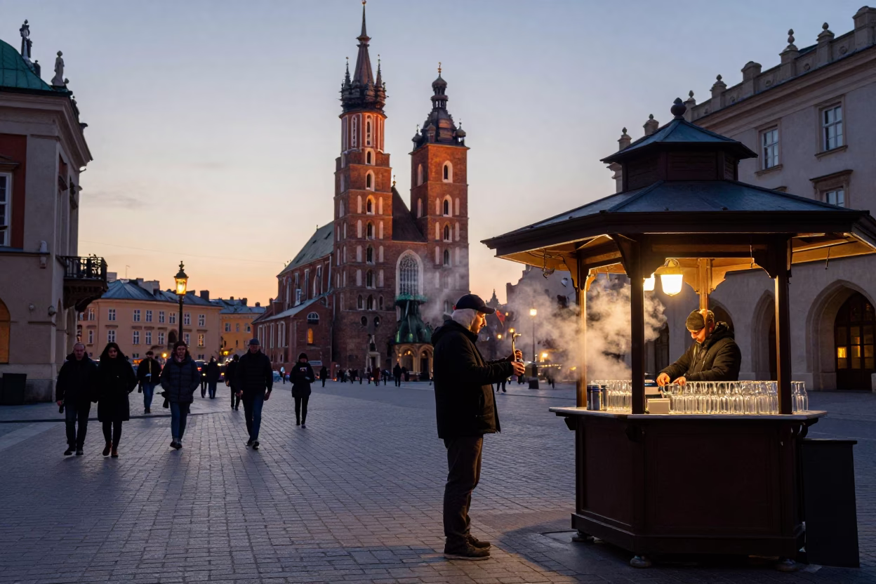 Street Scene in Krakow at The Still Hours Before Dawn Light in in Krakow, Poland
