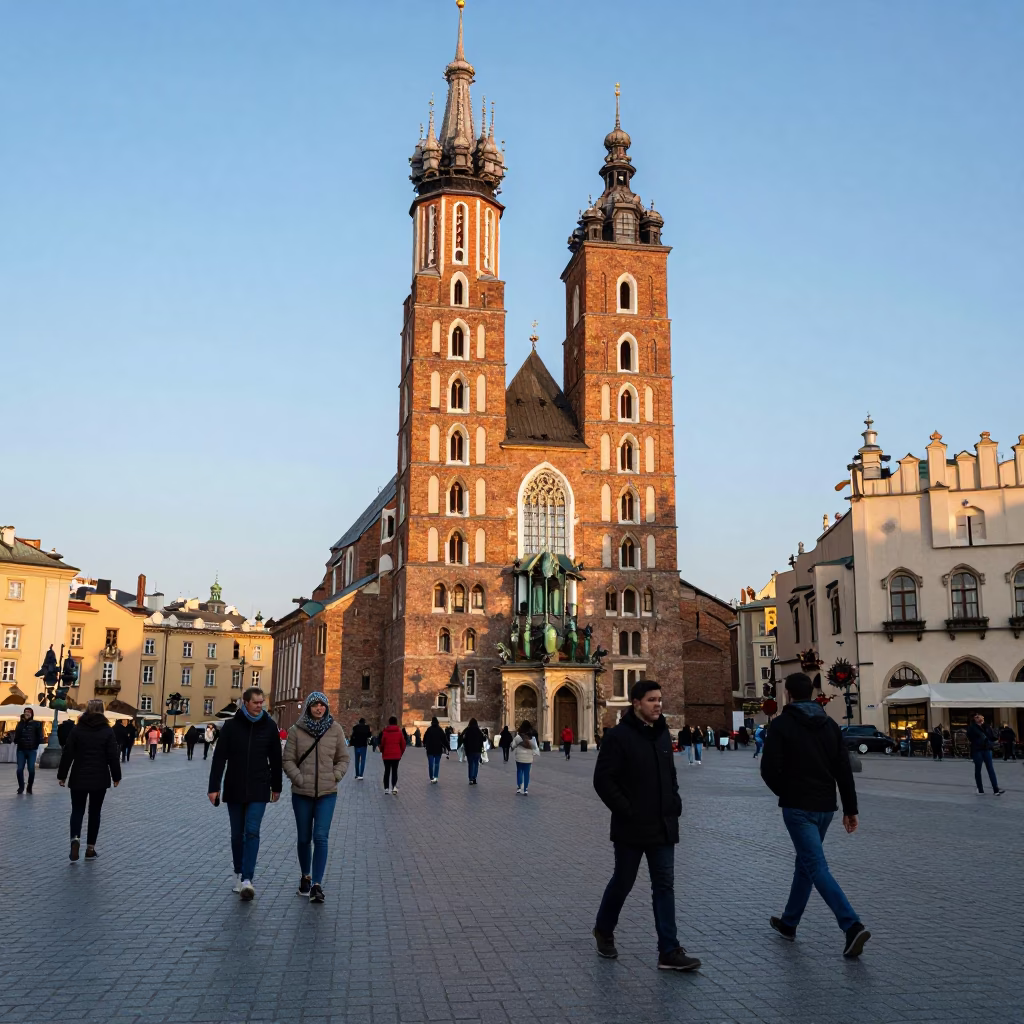 Street scene in Krakow Poland early afternoon with locals and historic architecture in in Krakow, Poland