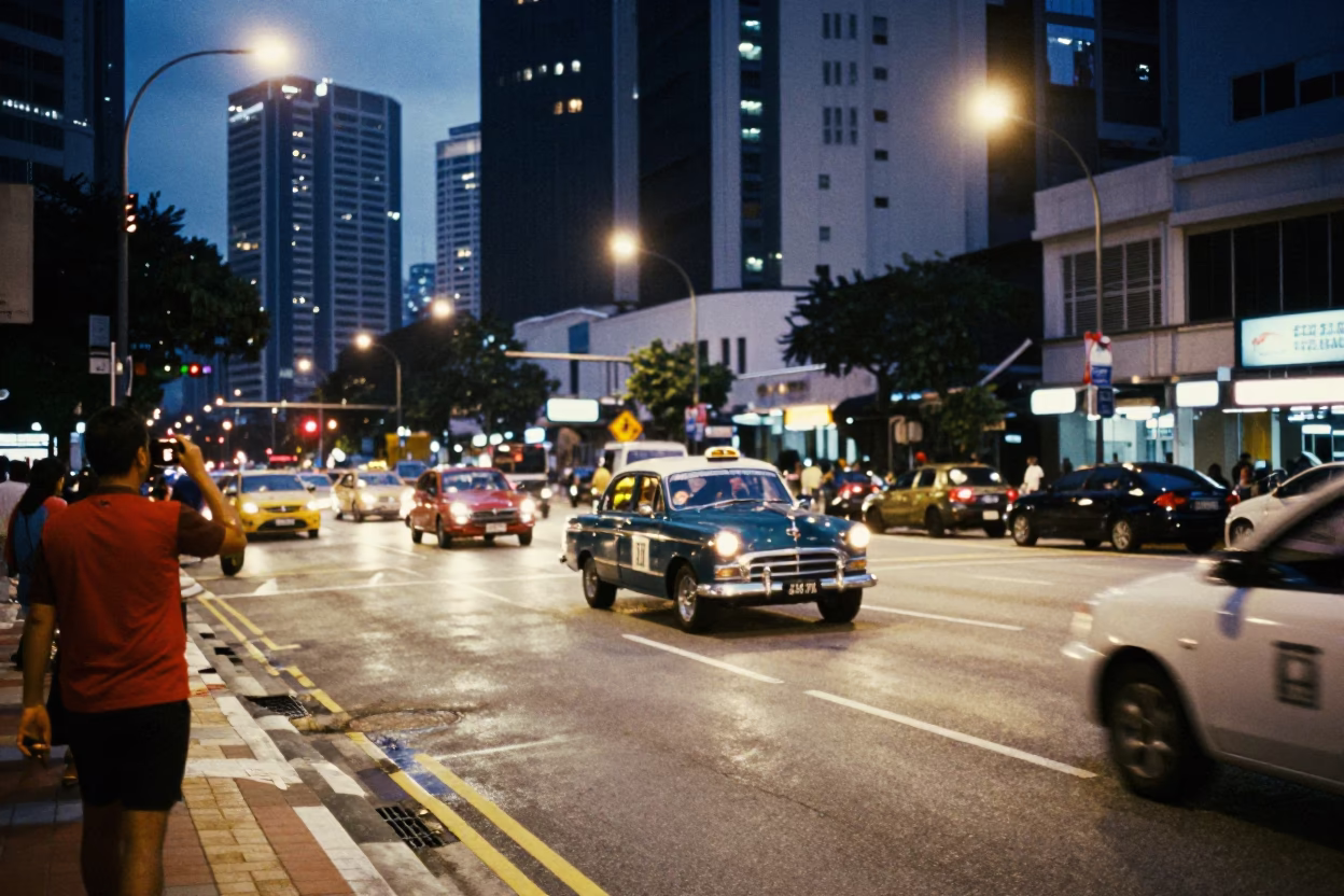 Street Scene in Kuala Lumpur at As City Lights Begin To Glow in in Kuala Lumpur, Malaysia