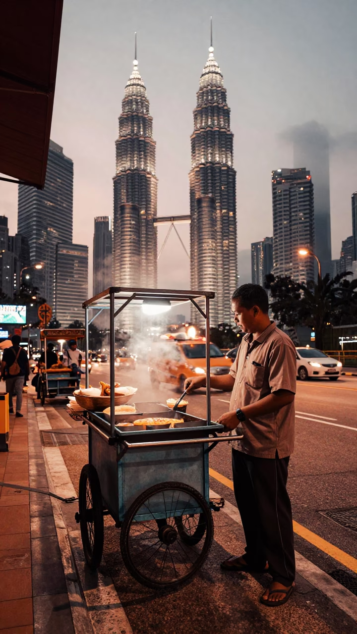 Street Scene in Kuala Lumpur at Copper-toned Light Before Dusk in in Kuala Lumpur, Malaysia