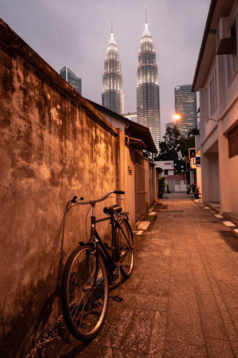 Street Scene in Kuala Lumpur at Copper-toned Light Before Dusk in in Kuala Lumpur, Malaysia