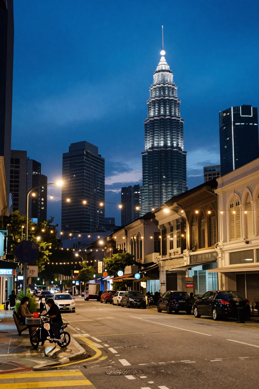 Street Scene in Kuala Lumpur at Indigo Twilight After Sunset in in Kuala Lumpur, Malaysia