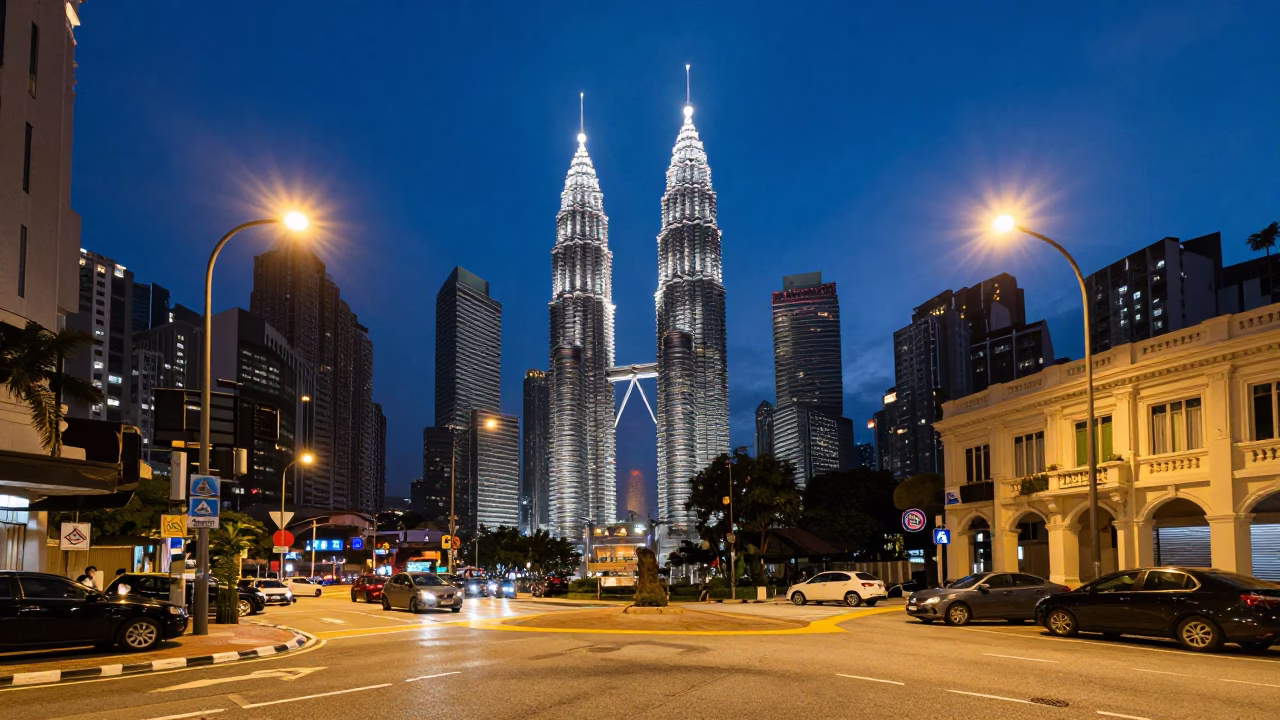 Street Scene in Kuala Lumpur at Indigo Twilight After Sunset in in Kuala Lumpur, Malaysia