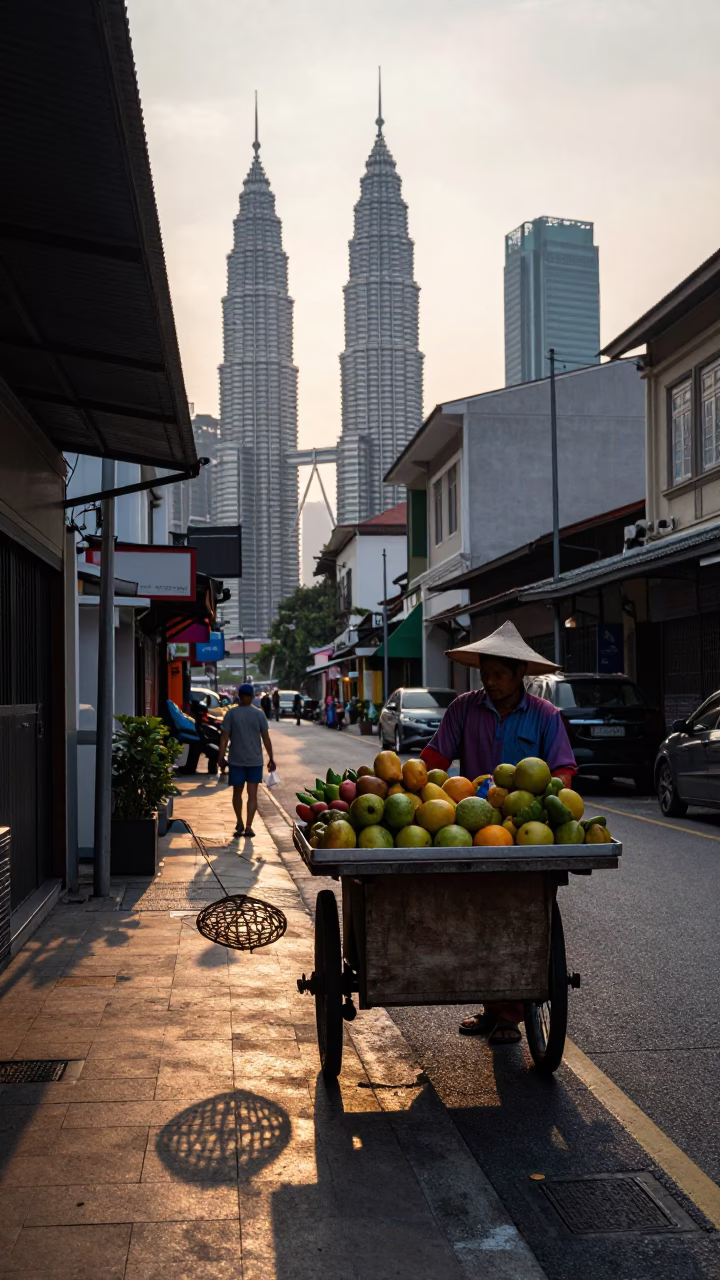 Street Scene in Kuala Lumpur at Nautical Dawn Light in in Kuala Lumpur, Malaysia