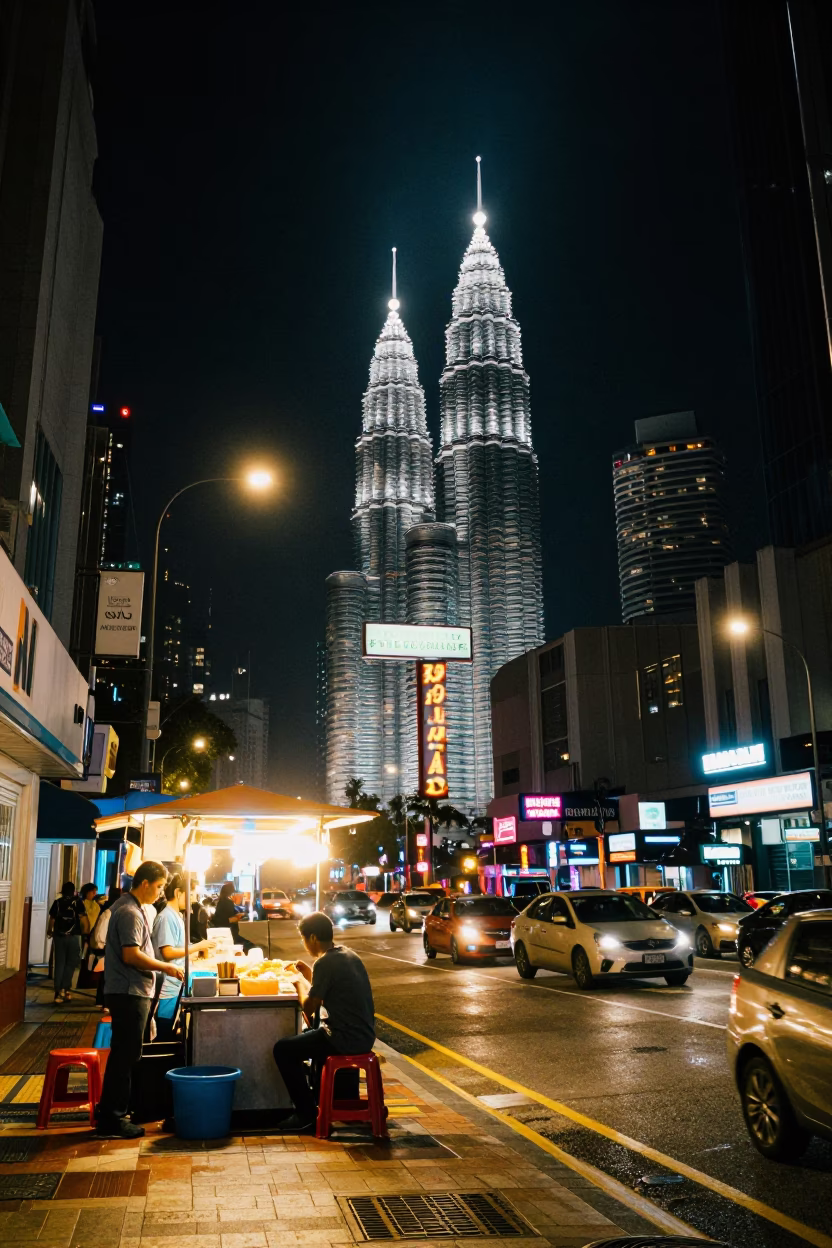 Street Scene in Kuala Lumpur at The Deepest Night Sky Light in in Kuala Lumpur, Malaysia