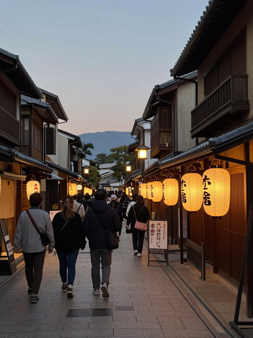 Street Scene in Kyoto at As City Lights Begin To Glow in in Kyoto, Japan