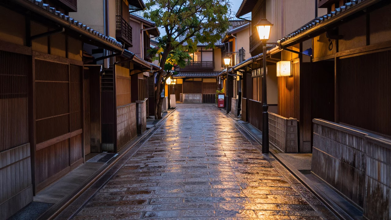 Street Scene in Kyoto at As City Lights Begin To Glow in in Kyoto, Japan