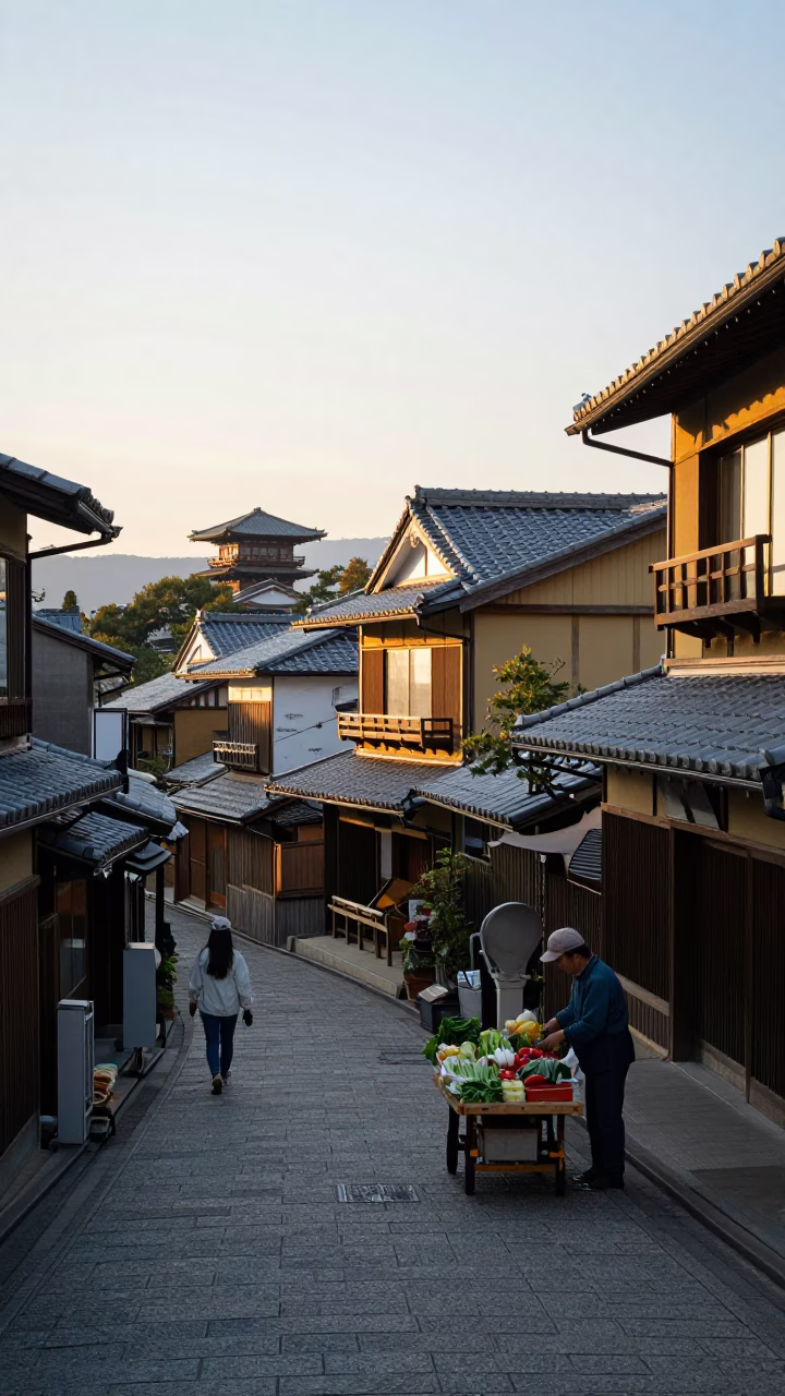 Street Scene in Kyoto at As First Light Reaches The Scene in in Kyoto, Japan