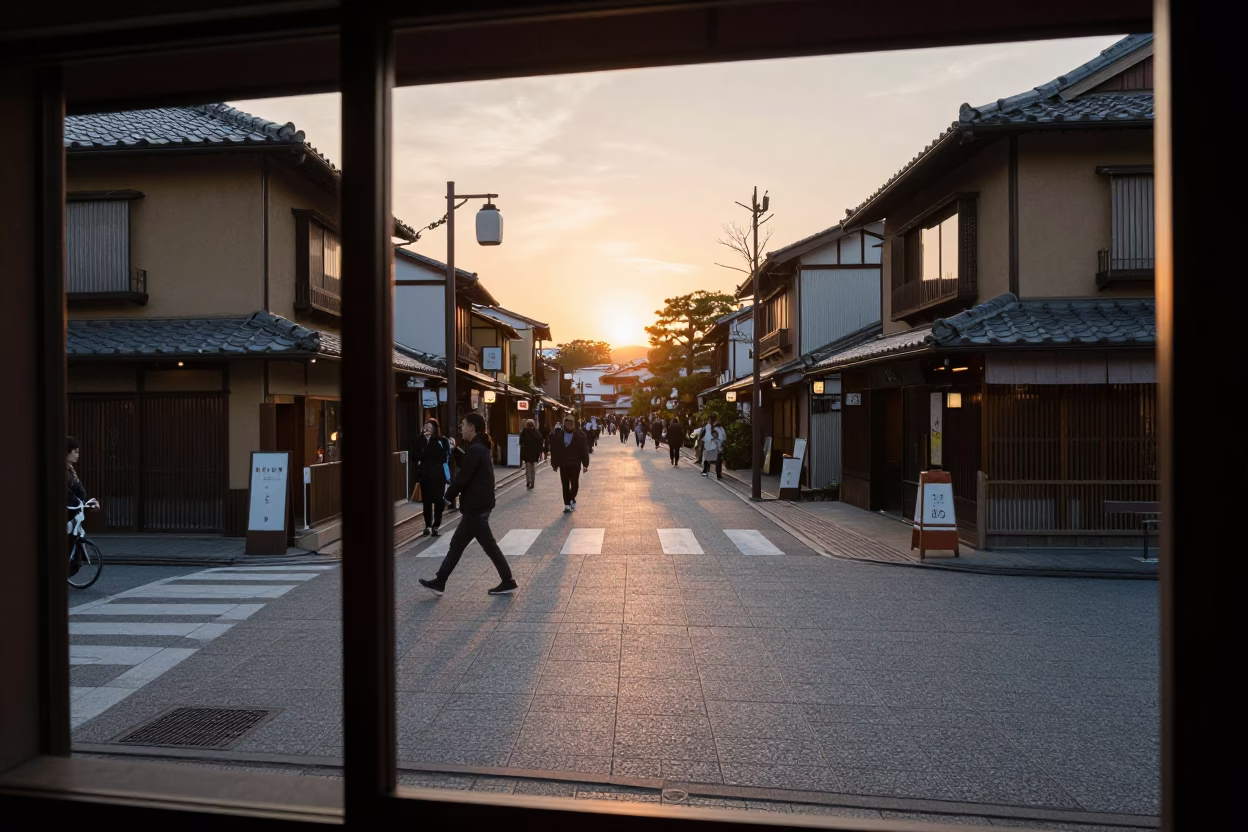 Street Scene in Kyoto at As The Sun Drops Toward The Horizon in in Kyoto, Japan