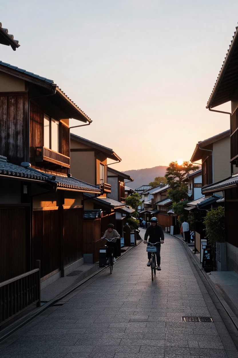 Street Scene in Kyoto at As The Sun Drops Toward The Horizon in in Kyoto, Japan
