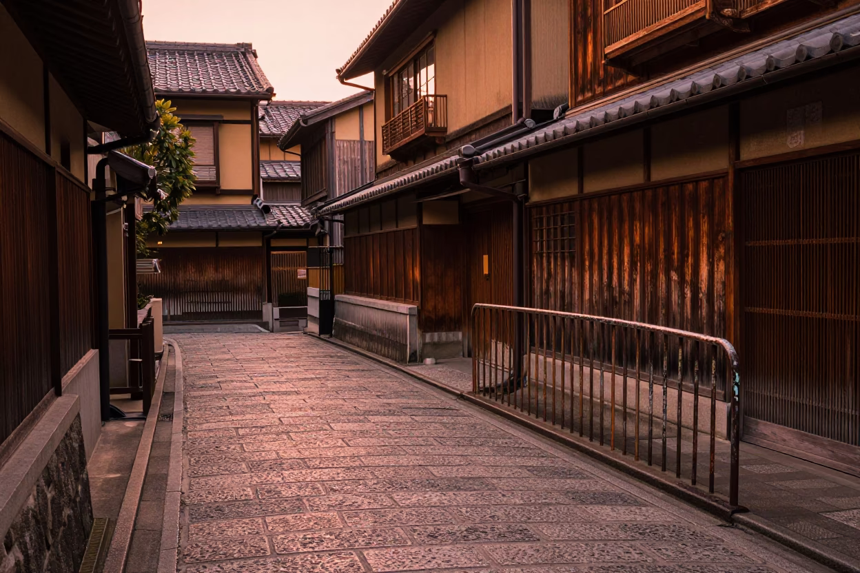 Street Scene in Kyoto at Copper-toned Light Before Dusk in in Kyoto, Japan