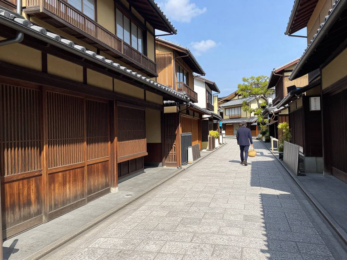 Street Scene in Kyoto at Flat Noon Light in in Kyoto, Japan