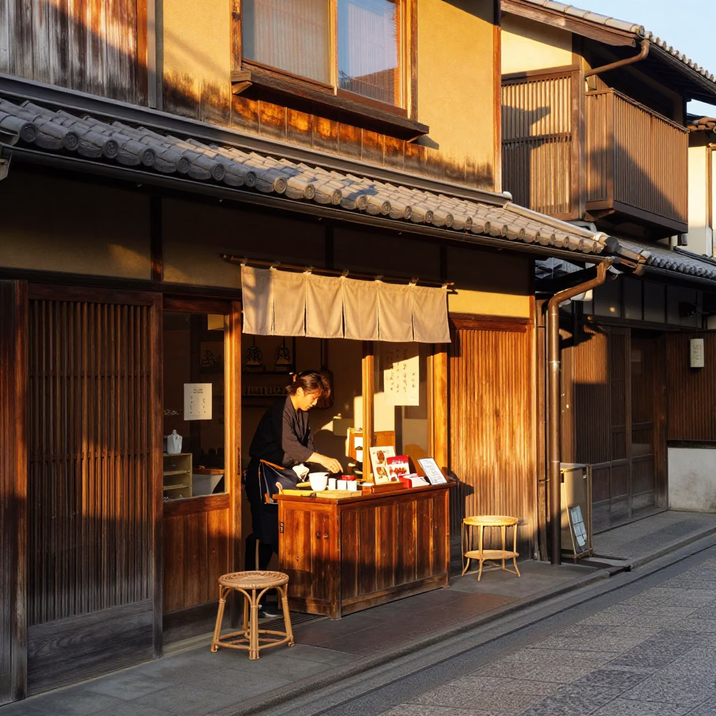 Street Scene in Kyoto at Honeyed Evening Light in in Kyoto, Japan
