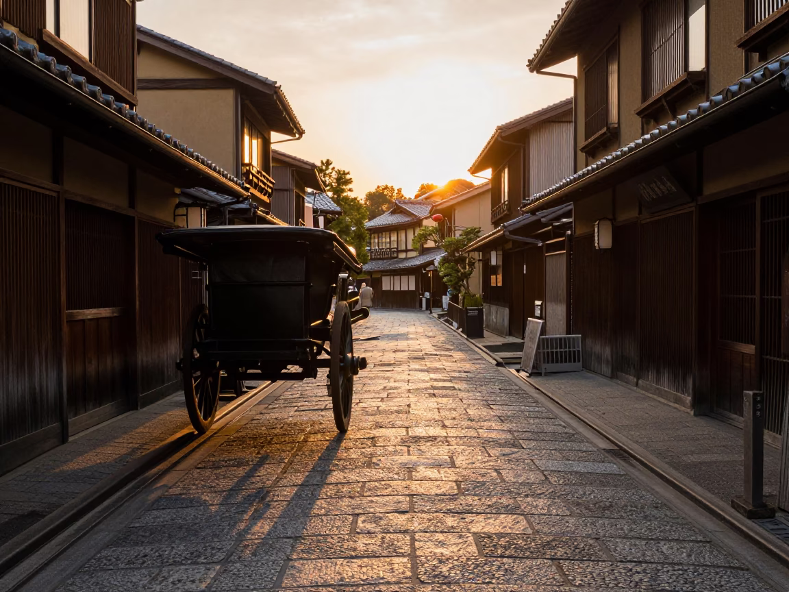 Street Scene in Kyoto at Honeyed Evening Light in in Kyoto, Japan