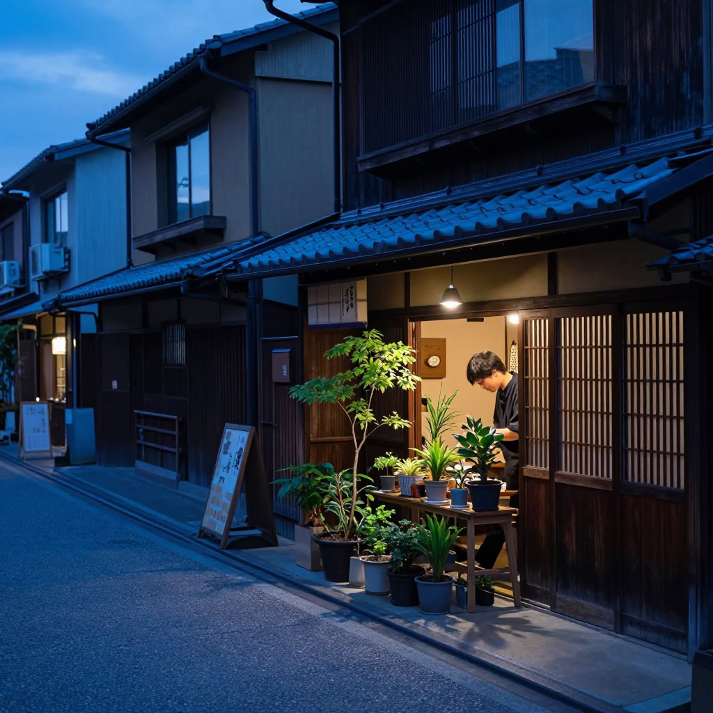 Street Scene in Kyoto at Indigo Twilight After Sunset in in Kyoto, Japan