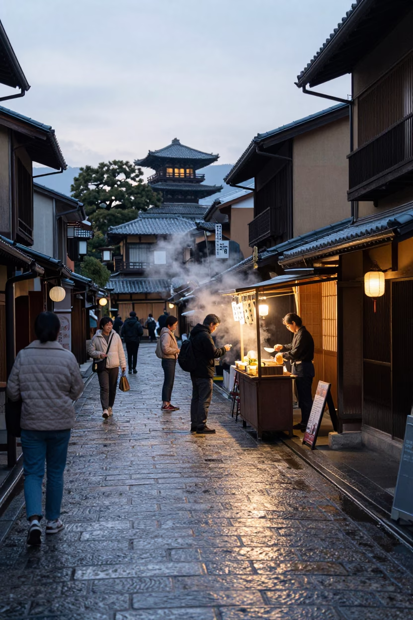 Street Scene in Kyoto at The Early Evening Light in in Kyoto, Japan