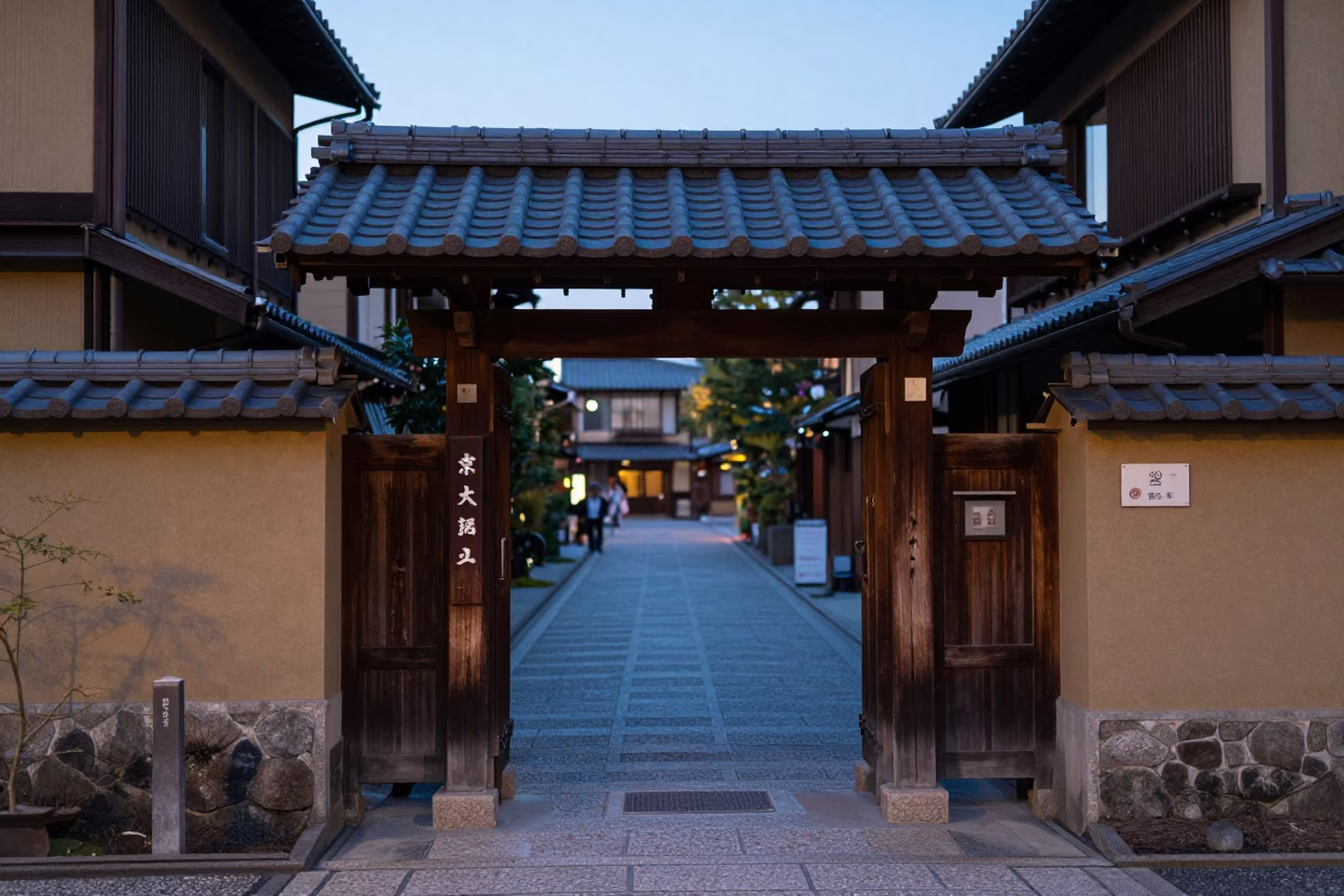 Street Scene in Kyoto at The Still Hours Before Dawn Light in in Kyoto, Japan