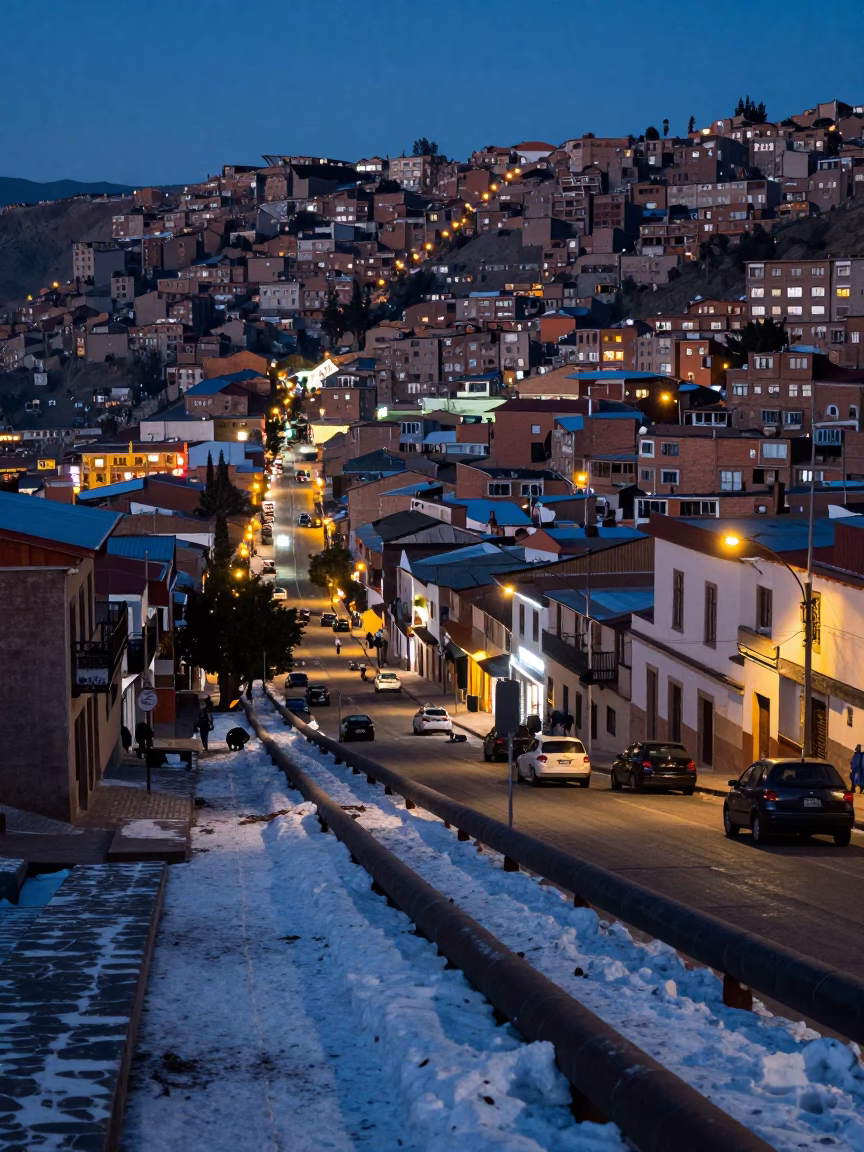 Street Scene in La Paz at As City Lights Begin To Glow in in La Paz, Bolivia