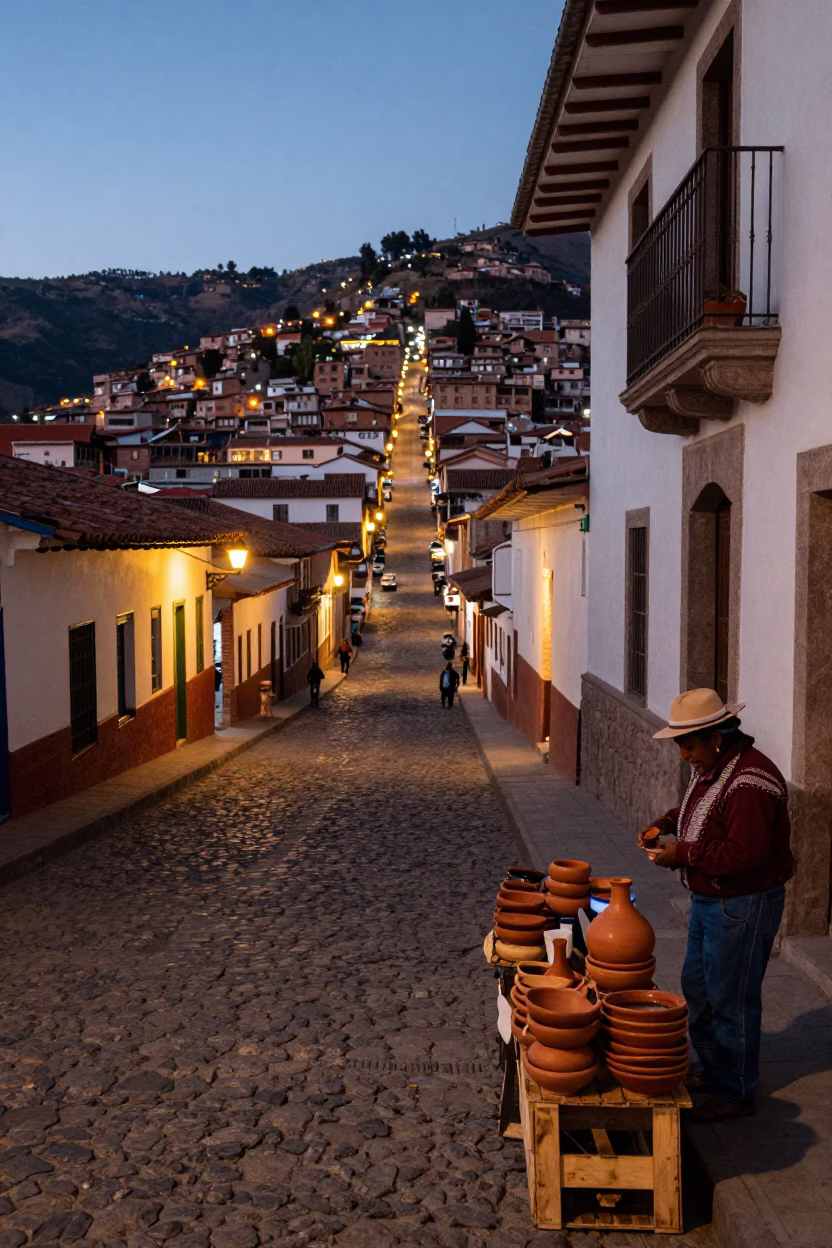 Street Scene in La Paz at As City Lights Begin To Glow in in La Paz, Bolivia