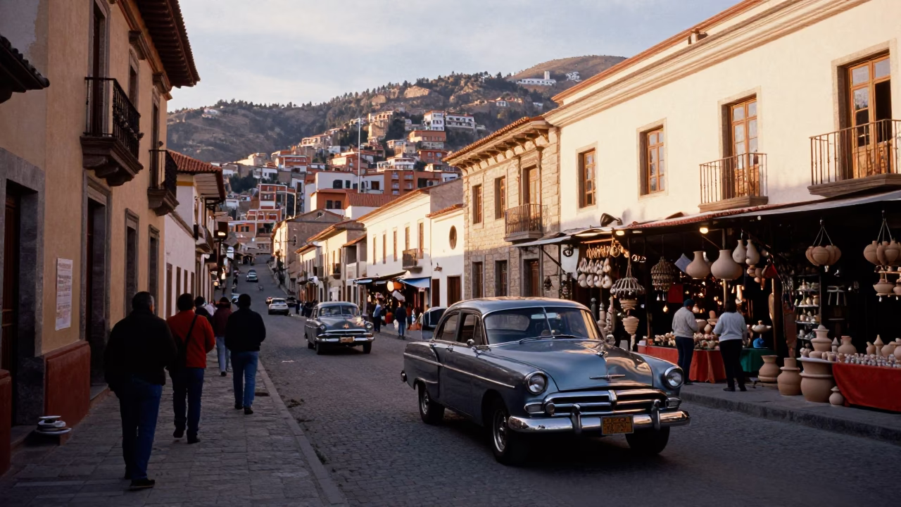Street Scene in La Paz at As First Light Reaches The Scene in in La Paz, Bolivia
