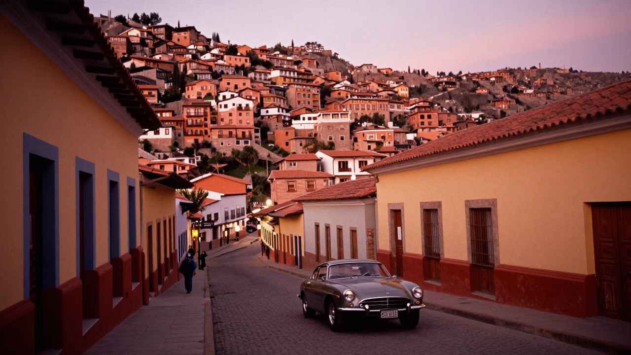 Street Scene in La Paz at Copper-toned Light Before Dusk in in La Paz, Bolivia