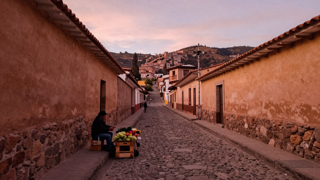 Street Scene in La Paz at Copper-toned Light Before Dusk in in La Paz, Bolivia