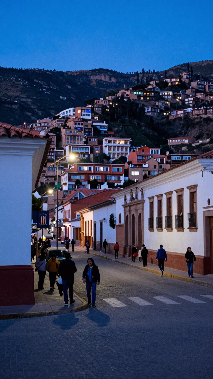 Street Scene in La Paz at The Last Blue Light Of Evening in in La Paz, Bolivia