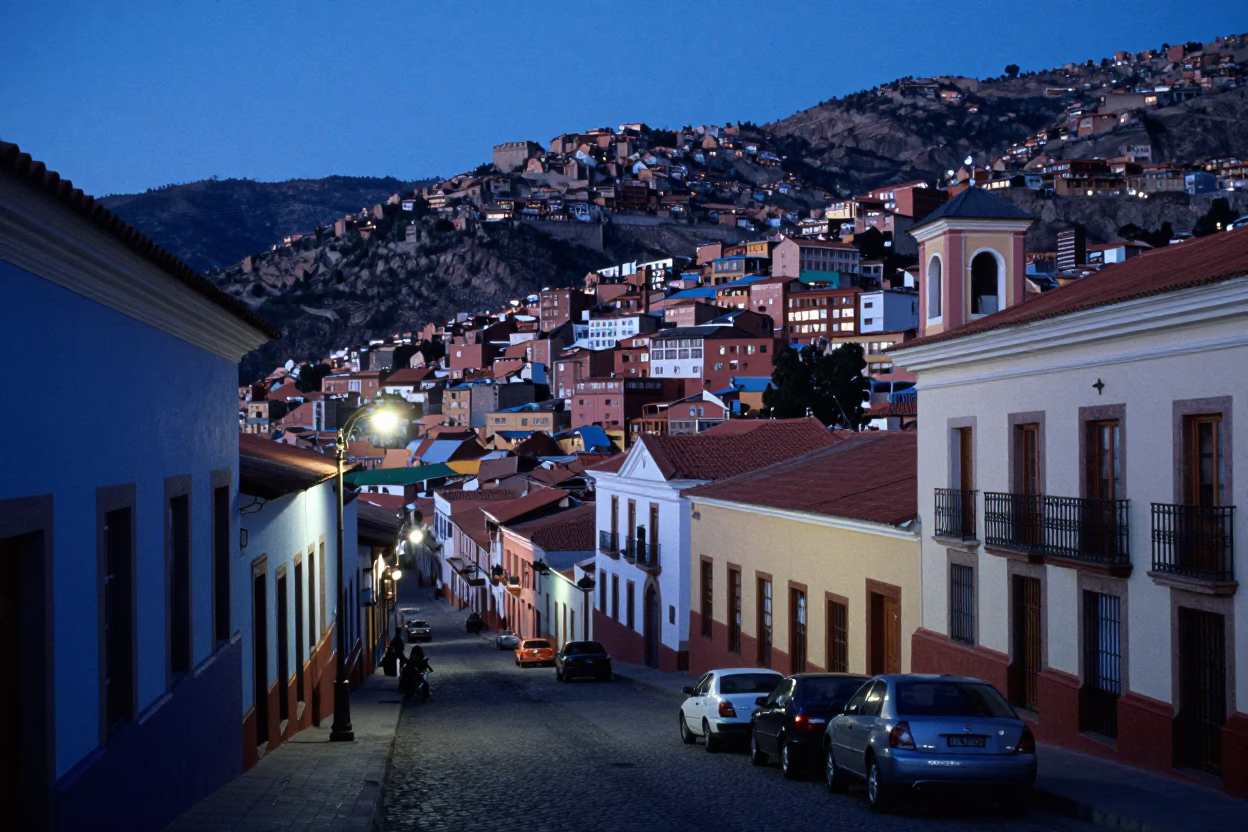 Street Scene in La Paz at The Last Blue Light Of Evening in in La Paz, Bolivia