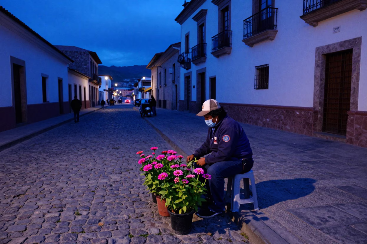 Street Scene in La Paz at The Last Blue Light Of Evening in in La Paz, Bolivia