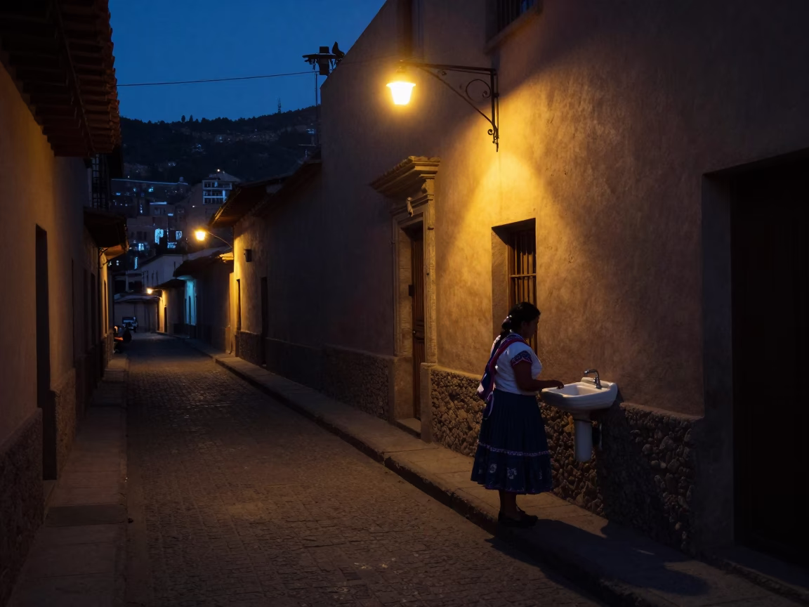 Street Scene in La Paz at The Predawn Darkness Light in in La Paz, Bolivia