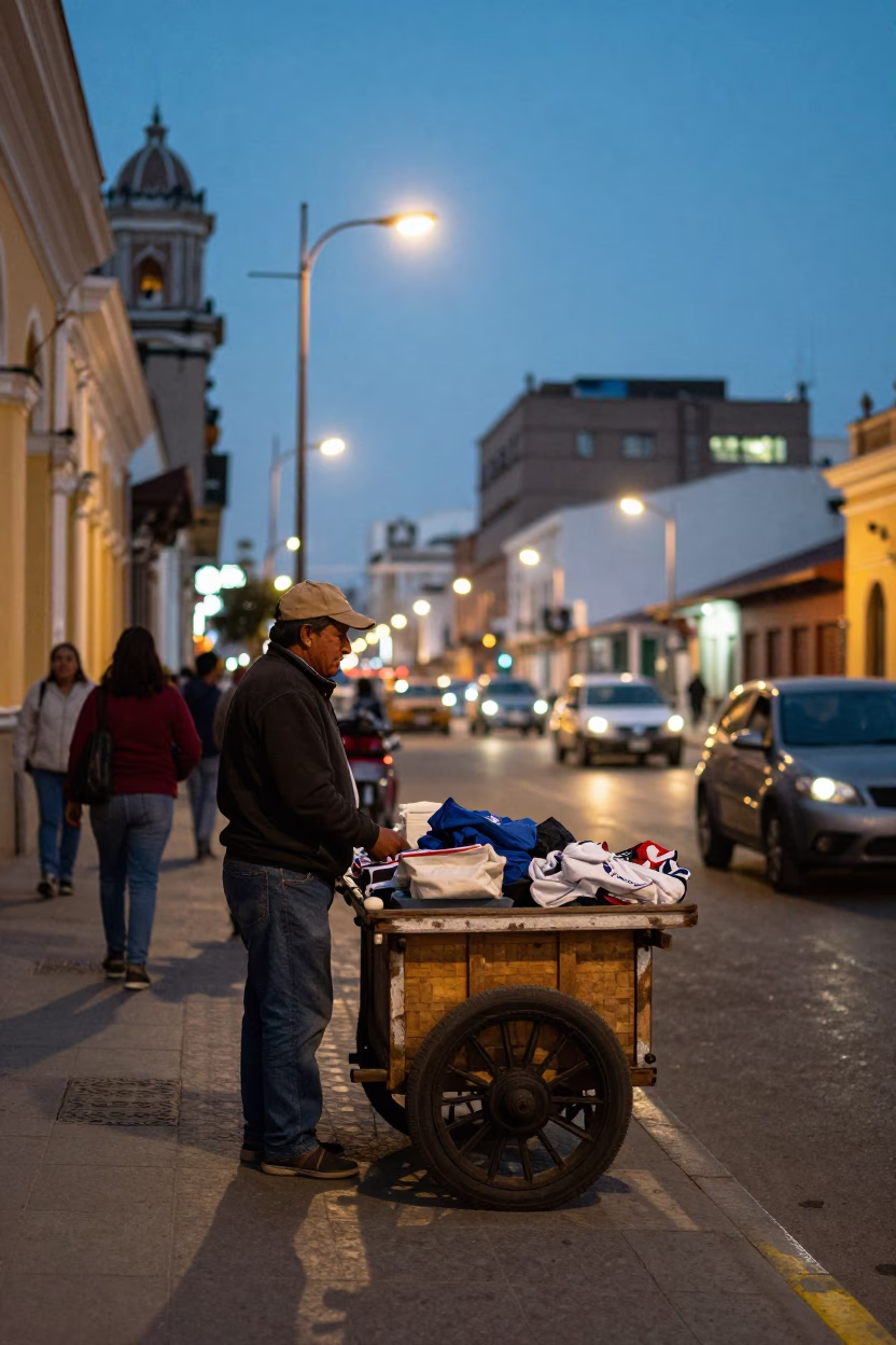 Street Scene in Lima at As City Lights Begin To Glow in in Lima, Peru